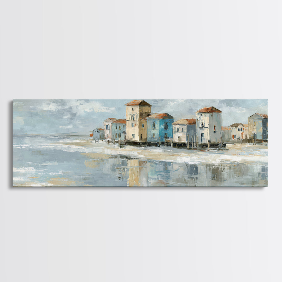 Coastal Village Rooftops Seen from the Sea Framed Canvas Print, Coastal Art, Living Room Art, Coastal Decor, Fine Art, Coastal, COA-3x1-73