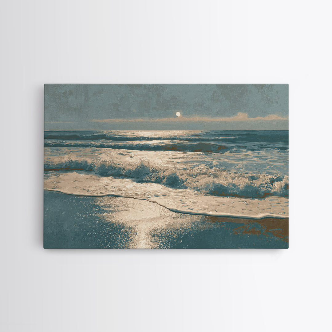 Moonlit Ocean with Silver Surf Framed Canvas Print, Coastal Art, Printable Wall Art, Coastal Decor, Fine Art, Coastal, COA-3x2-2