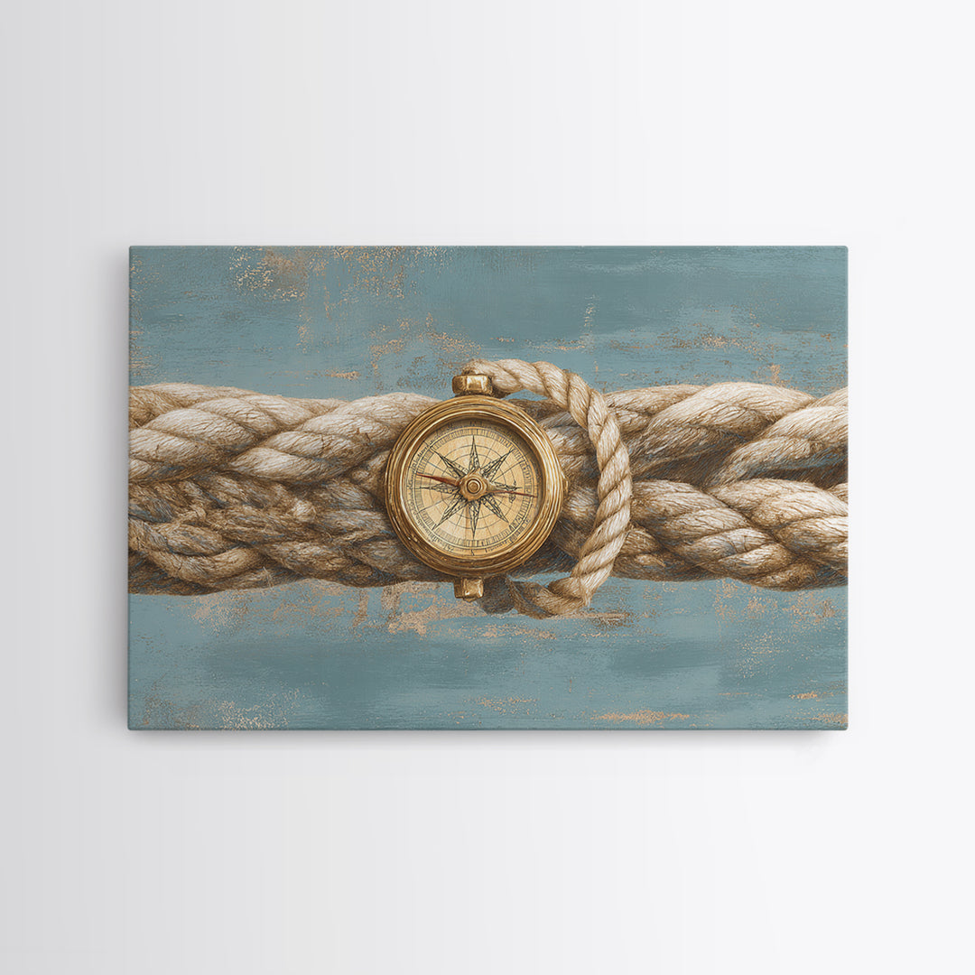 Weathered Nautical Rope and Brass Compass Canvas Print, Coastal Art, Oyster Art, Coastal Decor, Abstract Art, Coastal, COA-3x2-43