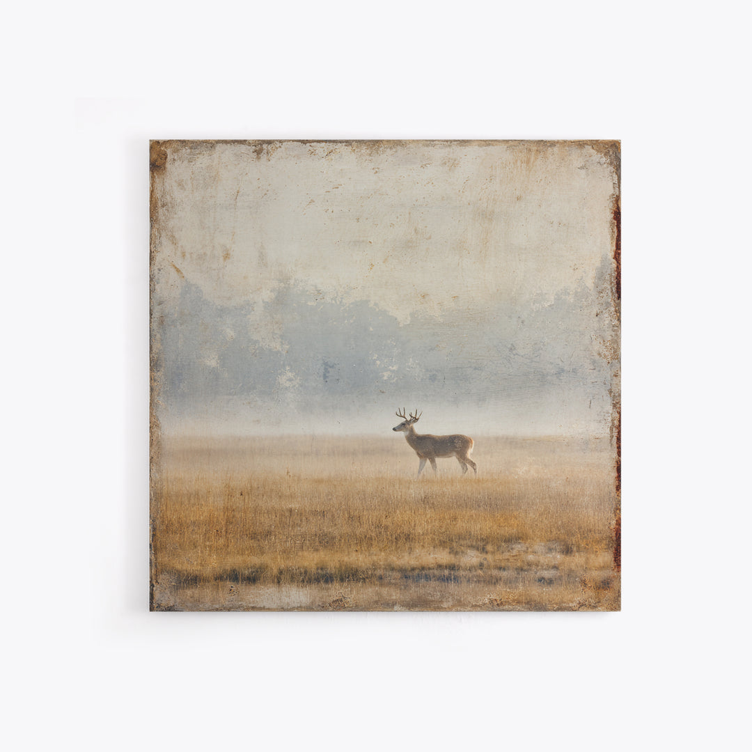Deer Crossing a Misty Morning Field Framed Canvas Print, Country Art, Large Wall Art, Farmhouse Decor, Fine Art, Country, COU-1x1-11