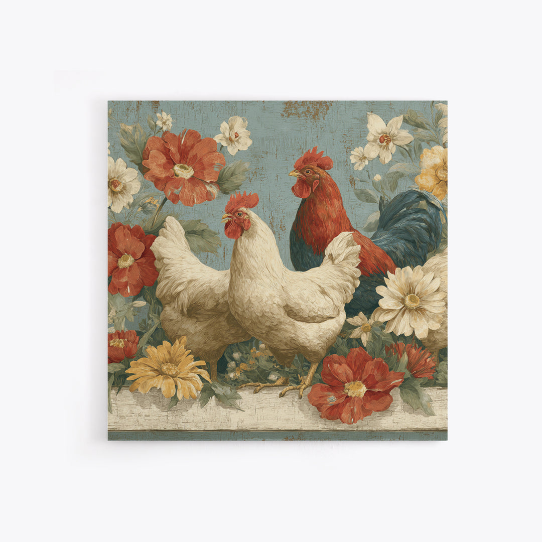 Chickens Pecking Near Garden Flowers Canvas Print, Country Art, Digital Art Prints, Farmhouse Decor, Fine Art, Country, COU-1x1-14