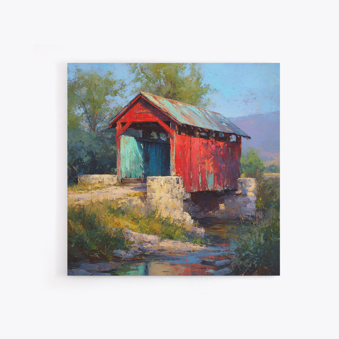 Covered Bridge over a Quiet Creek Canvas Print, Country Art, Farmhouse Decor, Oil Painting, Country, French Country Decor, COU-1x1-15