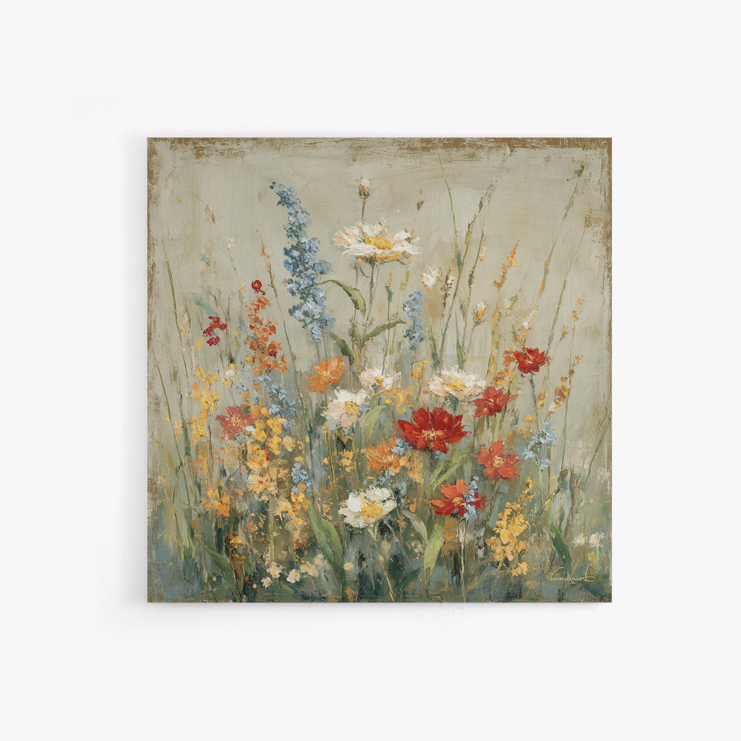 Wildflower Meadow Beside an Old Fence Framed Canvas Print, Country Art, Watercolor Painting, Farmhouse Decor, Oil Painting, COU-1x1-2