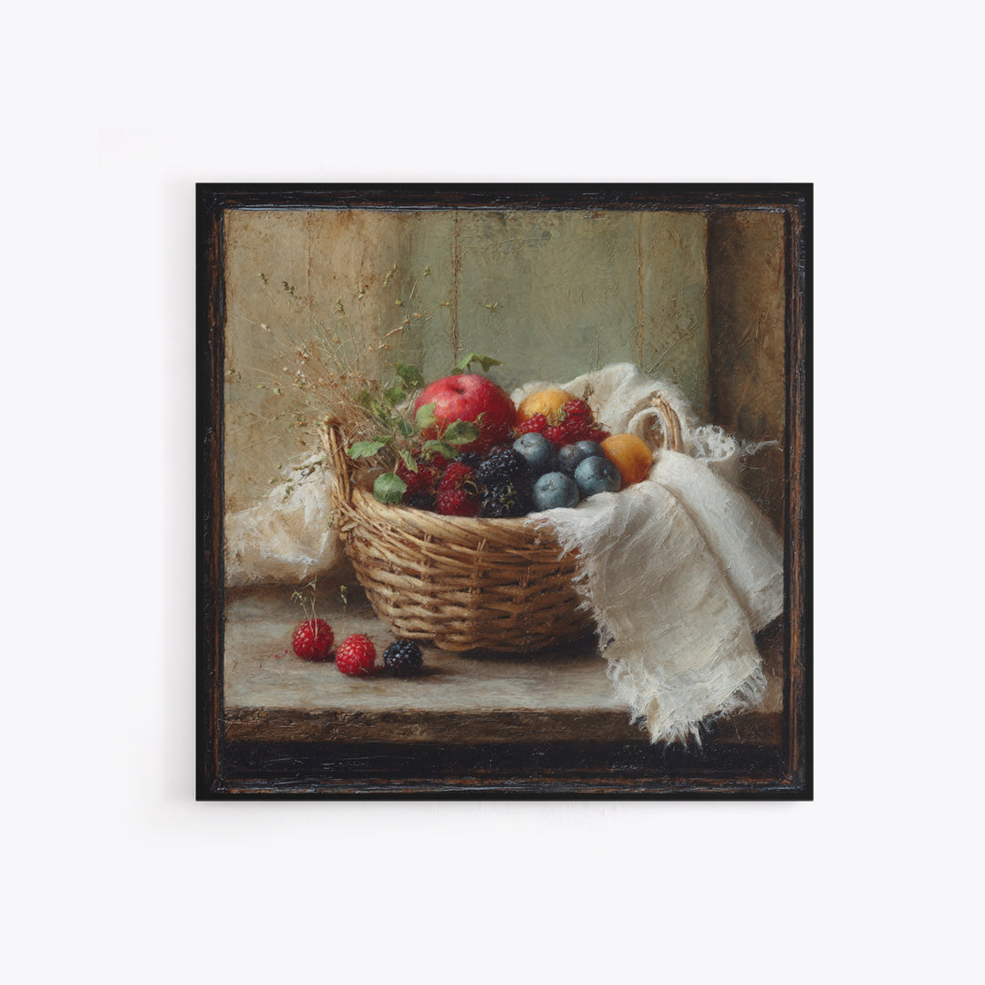 Blackberry Basket with Linen Cloth Framed Canvas Print, Country Art, French Country, Farmhouse Decor, Fine Art, Country, COU-1x1-21