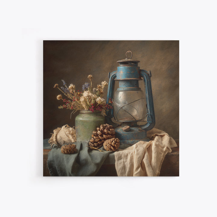 Old Lantern and Pinecones Still Life Framed Canvas Print, Country Art, Landscape Painting, Farmhouse Decor, Watercolor Art, COU-1x1-24