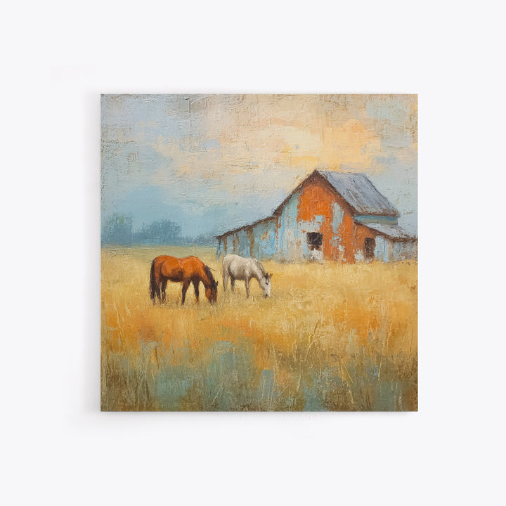 Rolling Pasture with Grazing Horses at Sunrise Canvas Print, Country Art, Neutral Decor, Farmhouse Decor, Fine Art, Country, COU-1x1-25