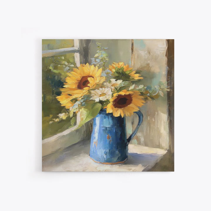 Sunflowers in a Blue Enamel Pitcher Framed Canvas Print, Country Art, Gallery Decor, Farmhouse Decor, Fine Art, Country, COU-1x1-32