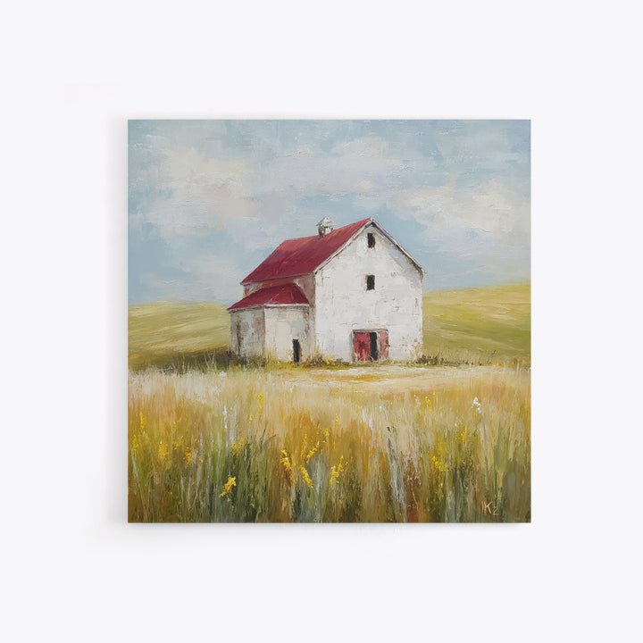 White Farmhouse Surrounded by Tall Grass Framed Canvas Print, Country Art, French Country, Farmhouse Decor, Watercolor Art, COU-1x1-34