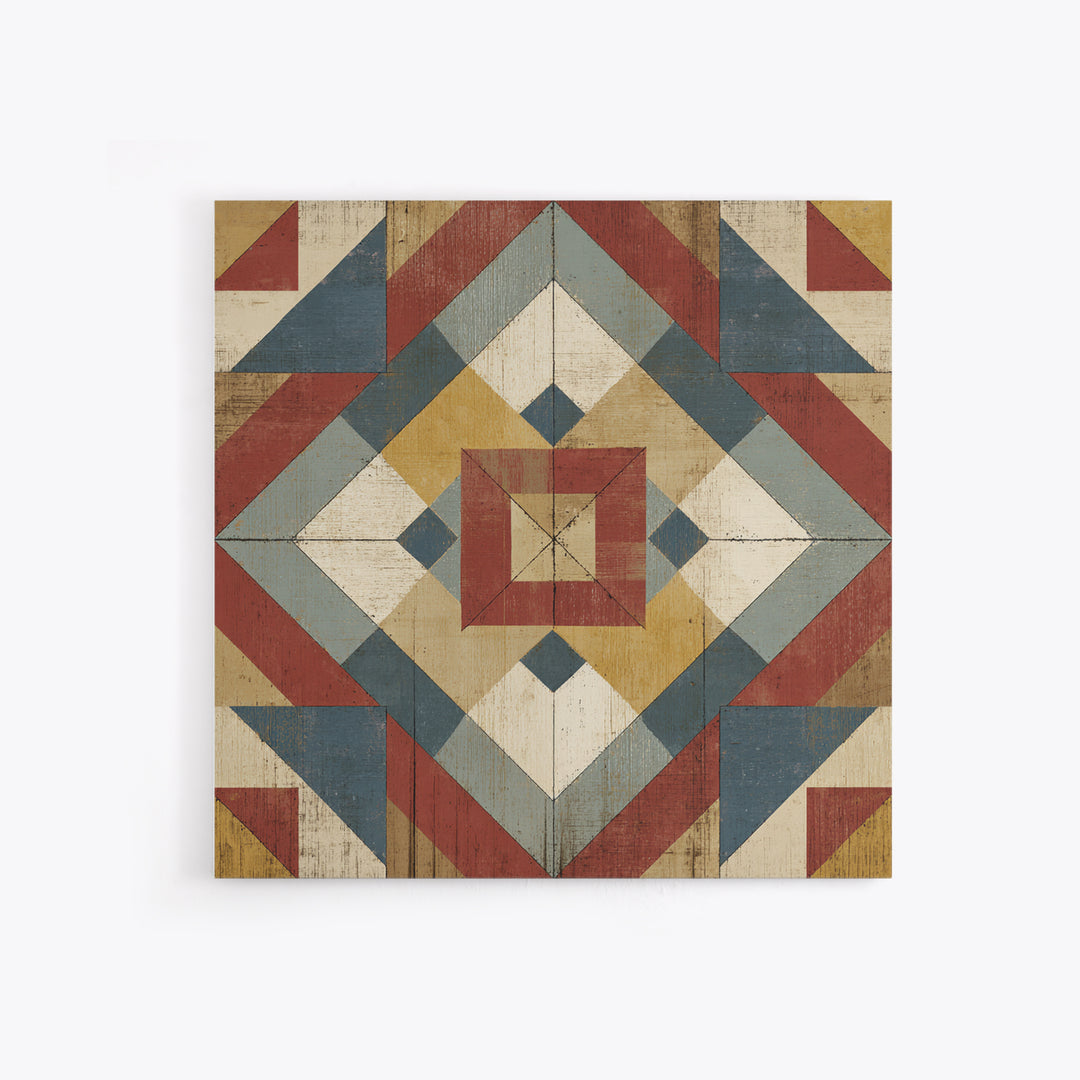 Quilt Geometric Folk Pattern Canvas Print, Country Art, Oil Painting, Farmhouse Decor, Abstract Art, Country, COU-1x1-36