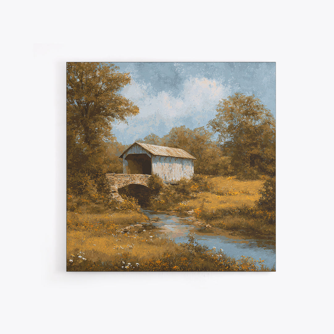 Covered Bridge over a Quiet Creek Framed Canvas Print, Country Art, Watercolor Painting, Farmhouse Decor, Fine Art, Country, COU-1x1-39