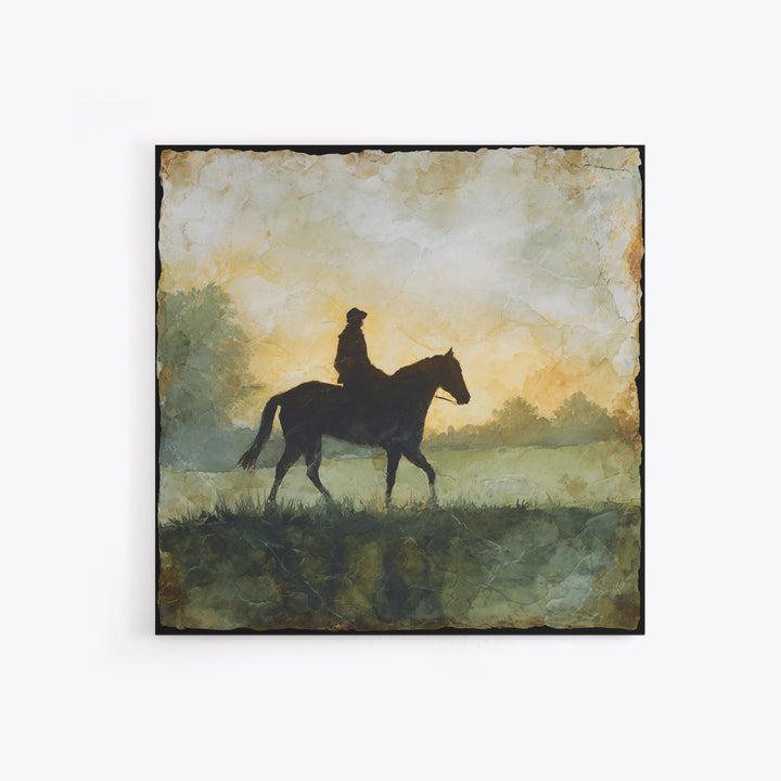 Horse and Rider Silhouette at Dusk Framed Canvas Print, Country Art, Gallery Decor, Farmhouse Decor, Fine Art, Country, COU-1x1-41