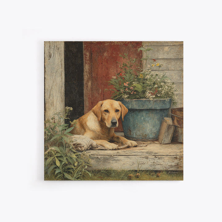Dog Resting Beside a Porch Flower Pot Framed Canvas Print, Country Art, Landscape Painting, Farmhouse Decor, Oil Painting, COU-1x1-46
