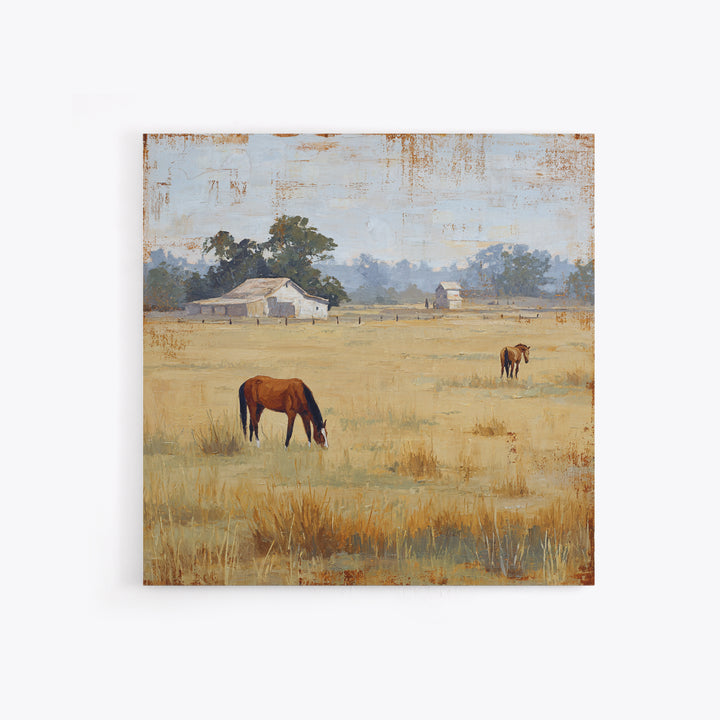 Rolling Pasture with Grazing Horses at Sunrise Canvas Print, Country Art, Neutral Decor, Farmhouse Decor, Fine Art, Country, COU-1x1-49