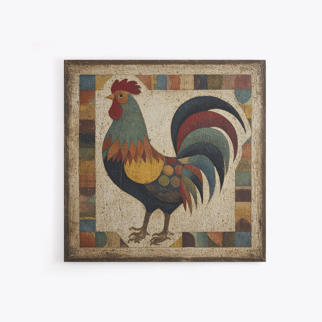 Rooster in Bold Folk Art Color Canvas Print, Country Art, Gallery Wall Art, Farmhouse Decor, Fine Art, Country, COU-1x1-5