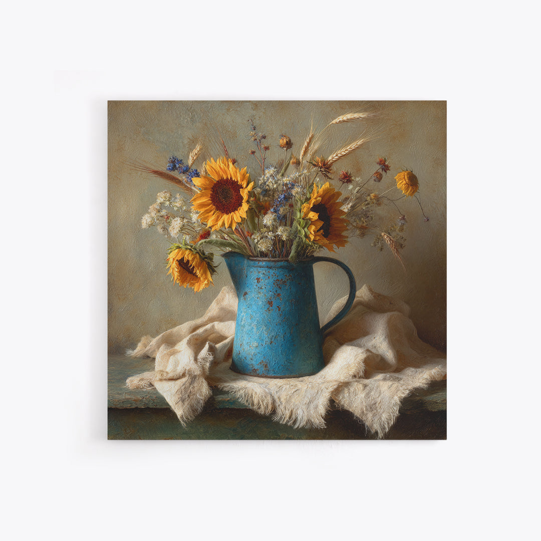 Sunflowers in a Blue Enamel Pitcher Framed Canvas Print, Country Art, Digital Wall Art, Farmhouse Decor, Fine Art, Country, COU-1x1-56