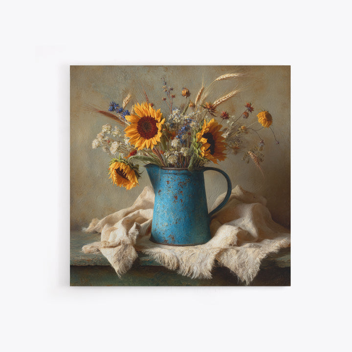 Sunflowers in a Blue Enamel Pitcher Framed Canvas Print, Country Art, Digital Wall Art, Farmhouse Decor, Fine Art, Country, COU-1x1-56
