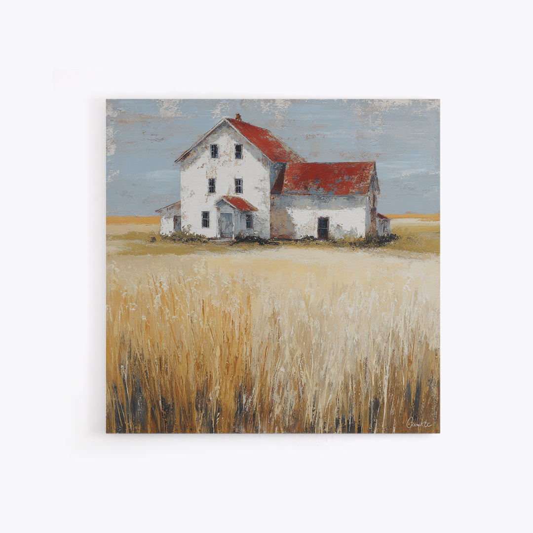 White Farmhouse Surrounded by Tall Grass Framed Canvas Print, Country Art, French Country, Farmhouse Decor, Watercolor Art, COU-1x1-58