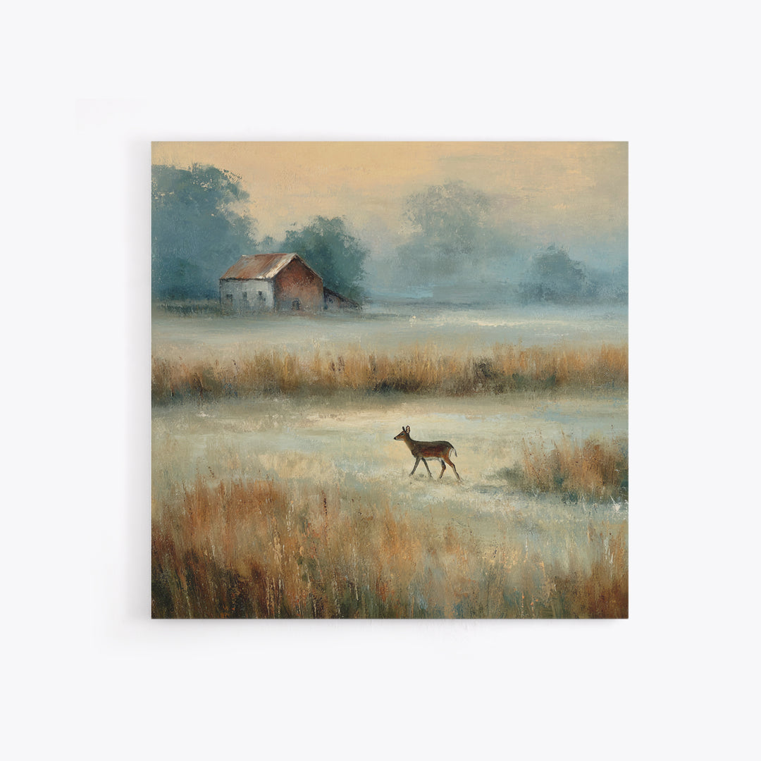 Deer Crossing a Misty Morning Field Canvas Print, Country Art, Landscape Wall Art, Farmhouse Decor, Fine Art, Country, COU-1x1-59