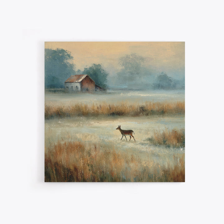 Deer Crossing a Misty Morning Field Canvas Print, Country Art, Landscape Wall Art, Farmhouse Decor, Fine Art, Country, COU-1x1-59