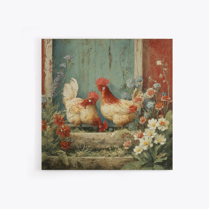 Chickens Pecking Near Garden Flowers Framed Canvas Print, Country Art, Farmhouse Wall Art, Farmhouse Decor, Fine Art, Country, COU-1x1-62