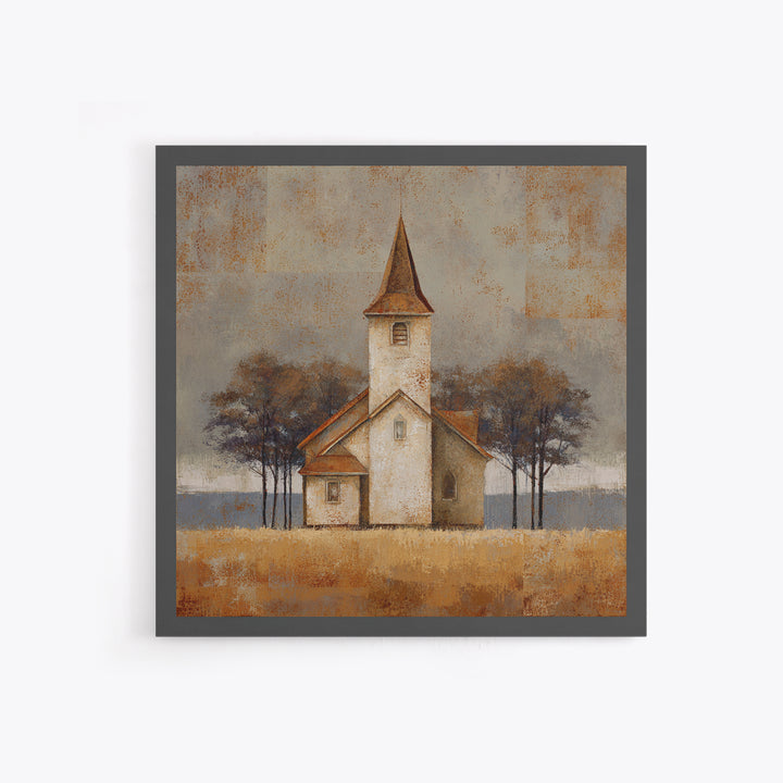 Country Church Steeple Beyond Trees Framed Canvas Print, Country Art, Gallery Decor, Farmhouse Decor, Fine Art, Country, COU-1x1-67