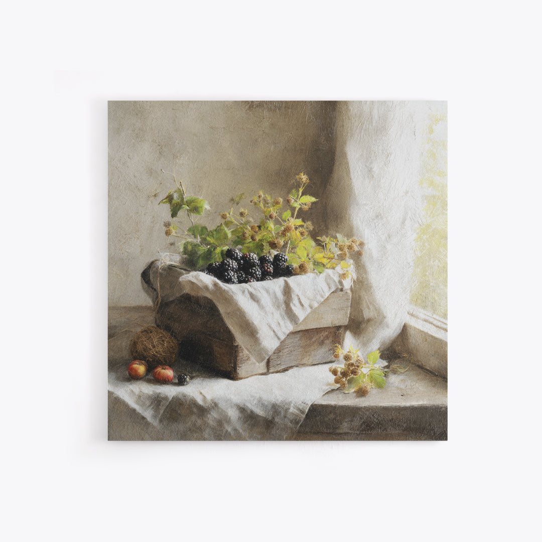 Blackberry Basket with Linen Cloth Canvas Print, Country Art, Wall Decor, Farmhouse Decor, Abstract Art, Country, Wall Art, COU-1x1-69
