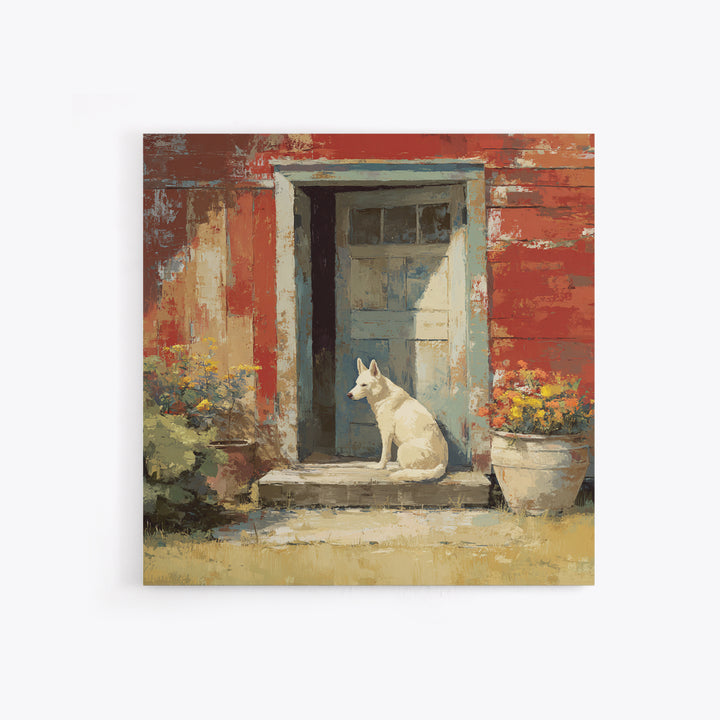Dog Resting Beside a Porch Flower Pot Framed Canvas Print, Country Art, Landscape Painting, Farmhouse Decor, Oil Painting, COU-1x1-70
