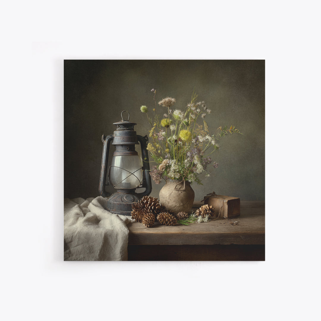Old Lantern and Pinecones Still Life Framed Canvas Print, Country Art, French Country Decor, Farmhouse Decor, Abstract Art, COU-1x1-72