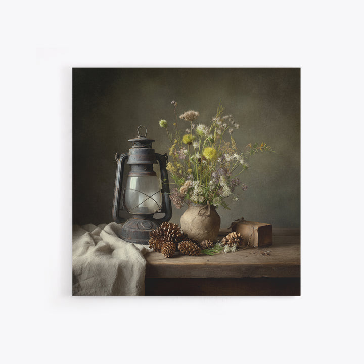Old Lantern and Pinecones Still Life Framed Canvas Print, Country Art, French Country Decor, Farmhouse Decor, Abstract Art, COU-1x1-72