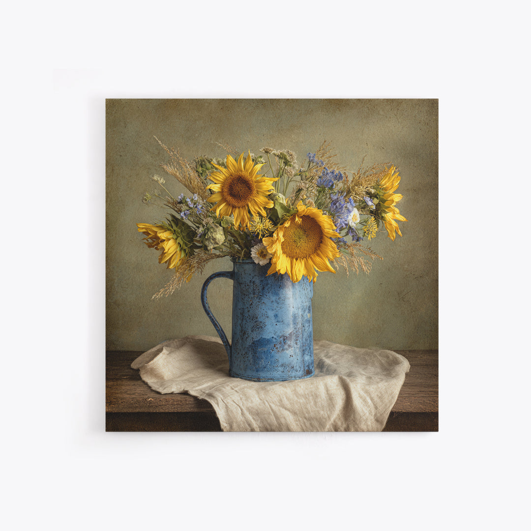 Sunflowers in a Blue Enamel Pitcher Framed Canvas Print, Country Art, Original Painting, Farmhouse Decor, Oil Painting, Country, COU-1x1-8