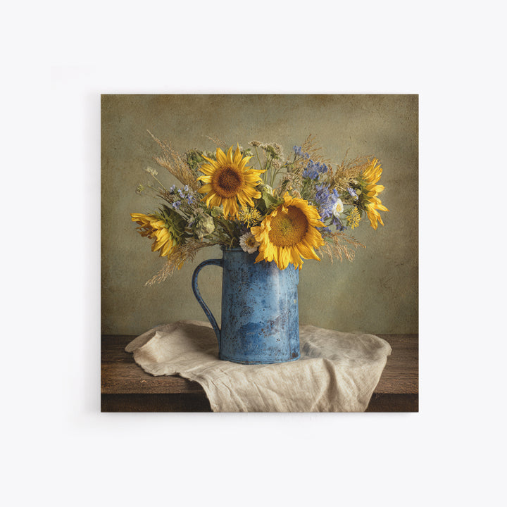Sunflowers in a Blue Enamel Pitcher Framed Canvas Print, Country Art, Original Painting, Farmhouse Decor, Oil Painting, Country, COU-1x1-8