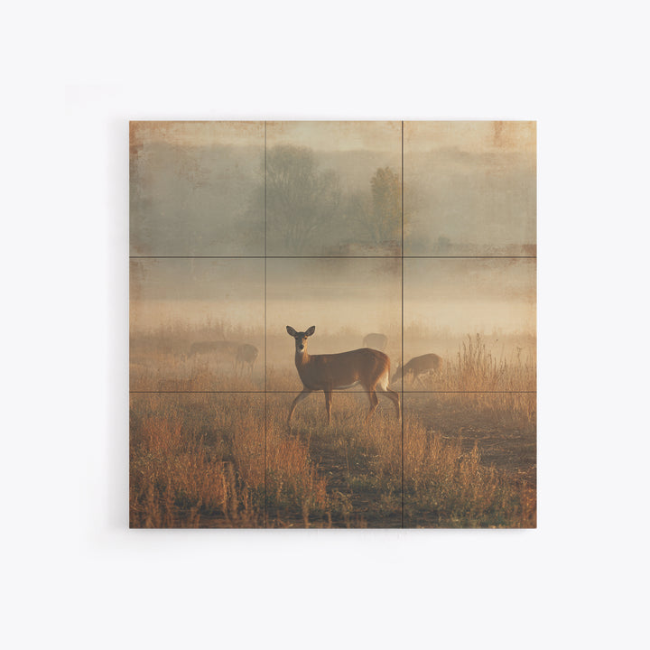 Deer Crossing a Misty Morning Field Framed Canvas Print, Country Art, Fine Art Print, Farmhouse Decor, Fine Art, Country, COU-1x1-83