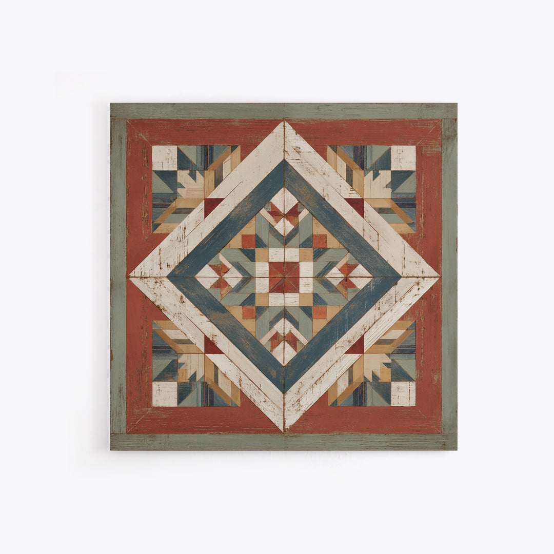 Quilt Geometric Folk Pattern Framed Canvas Print, Country Art, French Country, Farmhouse Decor, Fine Art, Country, Luxury Decor, COU-1x1-84