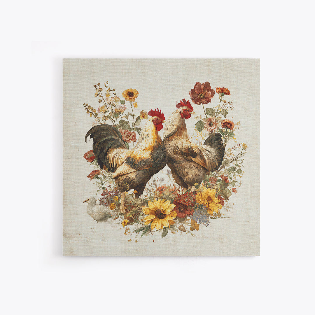 Chickens Pecking Near Garden Flowers Canvas Print, Country Art, Neutral Decor, Farmhouse Decor, Oil Painting, Country, COU-1x1-86
