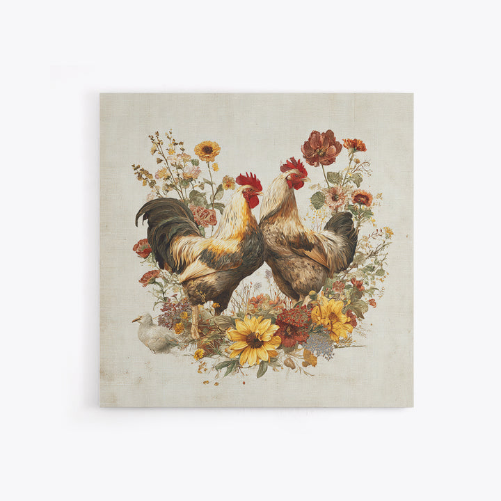 Chickens Pecking Near Garden Flowers Canvas Print, Country Art, Neutral Decor, Farmhouse Decor, Oil Painting, Country, COU-1x1-86
