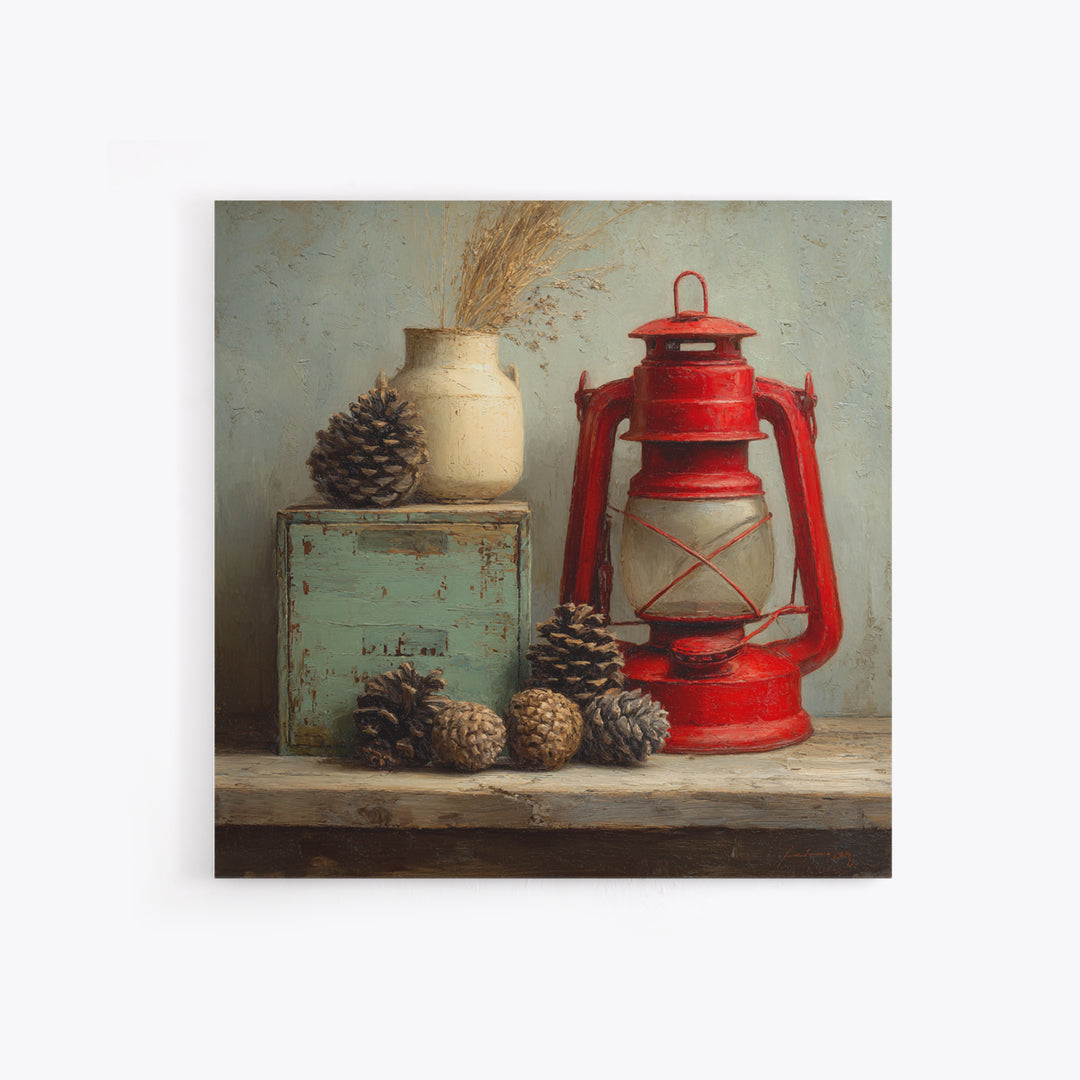 Old Lantern and Pinecones Still Life Framed Canvas Print, Country Art, Digital Prints, Farmhouse Decor, Fine Art, Country, COU-1x1-96