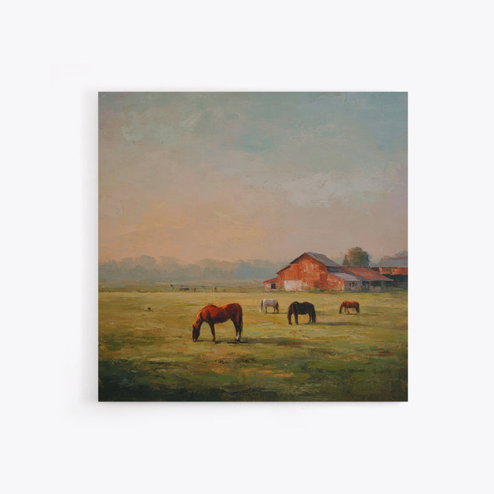 Rolling Pasture with Grazing Horses at Sunrise Canvas Print, Country Art, Wall Art, Farmhouse Decor, Oil Painting, Country, COU-1x1-97