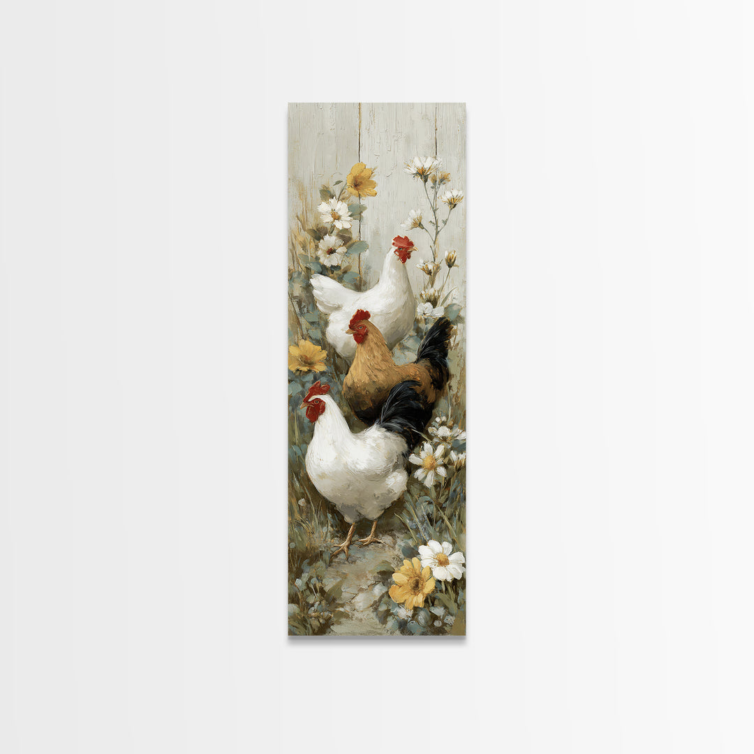 Chickens Pecking Near Garden Flowers Canvas Print, Country Art, Landscape Painting, Farmhouse Decor, Watercolor Art, Country, COU-1x3-26