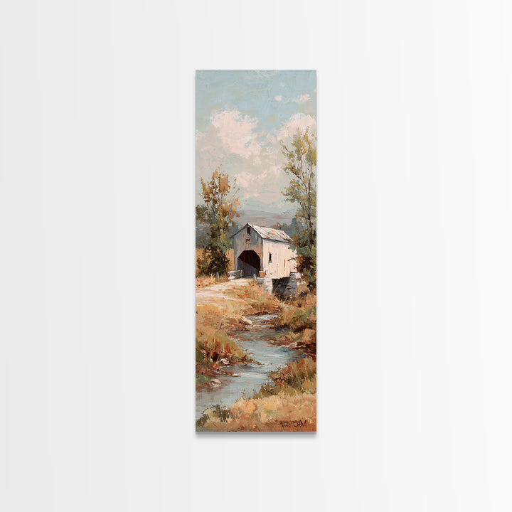 Covered Bridge over a Quiet Creek Canvas Print, Country Art, Digital Prints, Farmhouse Decor, Oil Painting, Country, COU-1x3-27