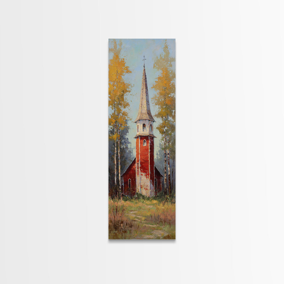 Country Church Steeple Beyond Trees Framed Canvas Print, Country Art, Art Prints, Farmhouse Decor, Watercolor Art, Country, COU-1x3-31