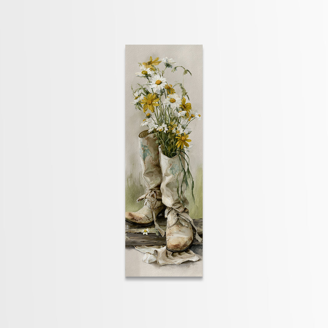Weathered Boots with Wildflowers Tucked Inside Framed Canvas Print, Country Art, Modern Decor, Farmhouse Decor, Oil Painting, COU-1x3-4