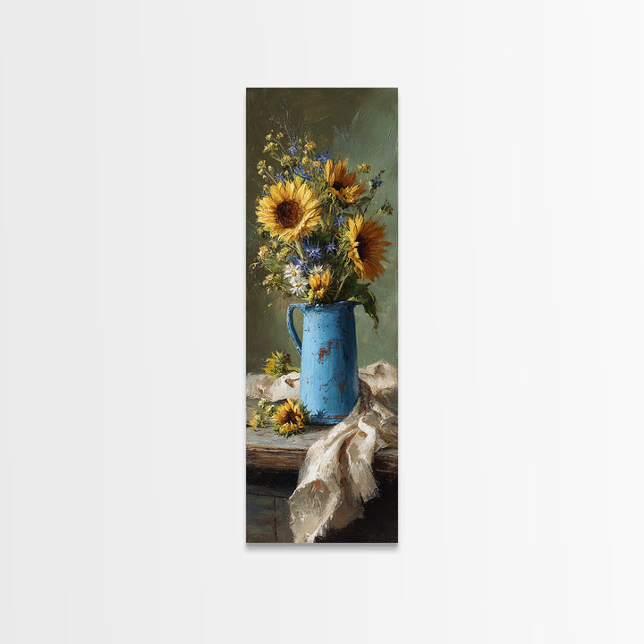 Sunflowers in a Blue Enamel Pitcher Canvas Print, Country Art, Contemporary Art, Farmhouse Decor, Oil Painting, Country, COU-1x3-44