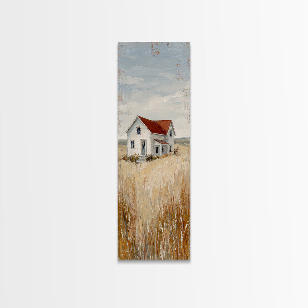 White Farmhouse Surrounded by Tall Grass Framed Canvas Print, Country Art, Gallery Wall Art, Farmhouse Decor, Fine Art, Country, COU-1x3-46