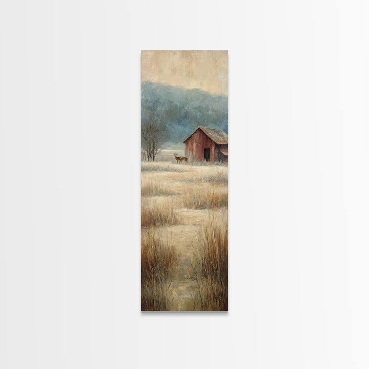 Deer Crossing a Misty Morning Field Framed Canvas Print, Country Art, Oil Painting, Farmhouse Decor, Fine Art, Country, COU-1x3-47