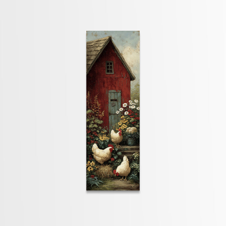 Chickens Pecking Near Garden Flowers Framed Canvas Print, Country Art, Landscape Wall Art, Farmhouse Decor, Watercolor Art, COU-1x3-50
