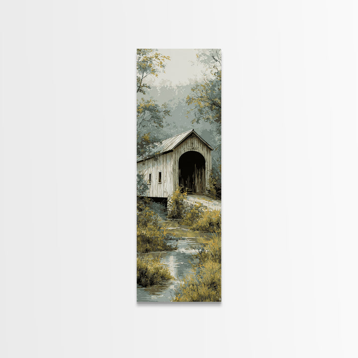 Covered Bridge over a Quiet Creek Canvas Print, Country Art, Farmhouse Decor, Abstract Art, Country, Gallery Wall Art, COU-1x3-51