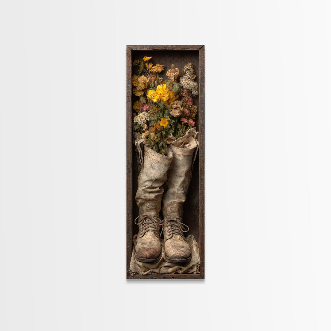 Weathered Boots with Wildflowers Tucked Inside Framed Canvas Print, Country Art, Farmhouse Decor, Watercolor Art, Country, COU-1x3-52