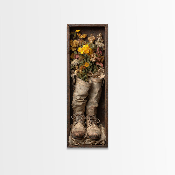 Weathered Boots with Wildflowers Tucked Inside Framed Canvas Print, Country Art, Farmhouse Decor, Watercolor Art, Country, COU-1x3-52
