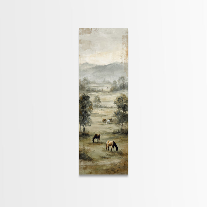 Rolling Pasture with Grazing Horses at Sunrise Framed Canvas Print, Country Art, Textured Painting, Farmhouse Decor, Country, COU-1x3-61