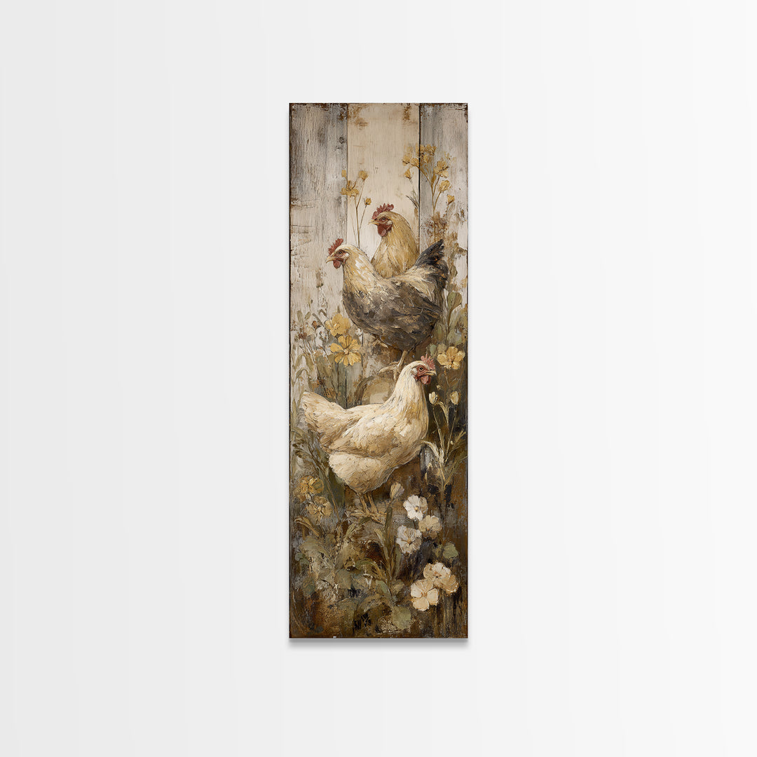 Chickens Pecking Near Garden Flowers Framed Canvas Print, Country Art, Landscape Wall Art, Farmhouse Decor, Watercolor Art, COU-1x3-74
